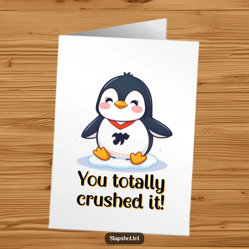 Funny Free Printable Congratulations Card showing a cheerful penguin in a tiny hockey jersey sliding triumphantly on ice.
