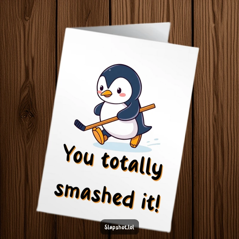 Funny Free Printable Congratulations Card: A penguin slides across an ice rink holding a miniature hockey stick, celebrating success with a downloadable card.
