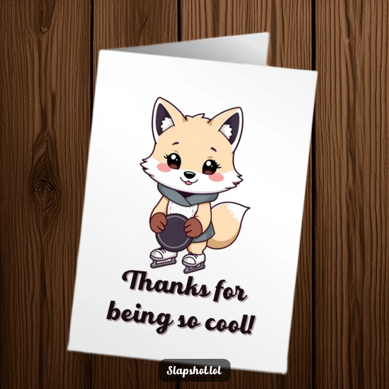 Funny Free Printable Thank You Card: An arctic fox in skates holds a hockey puck, expressing thanks with a playful grin.