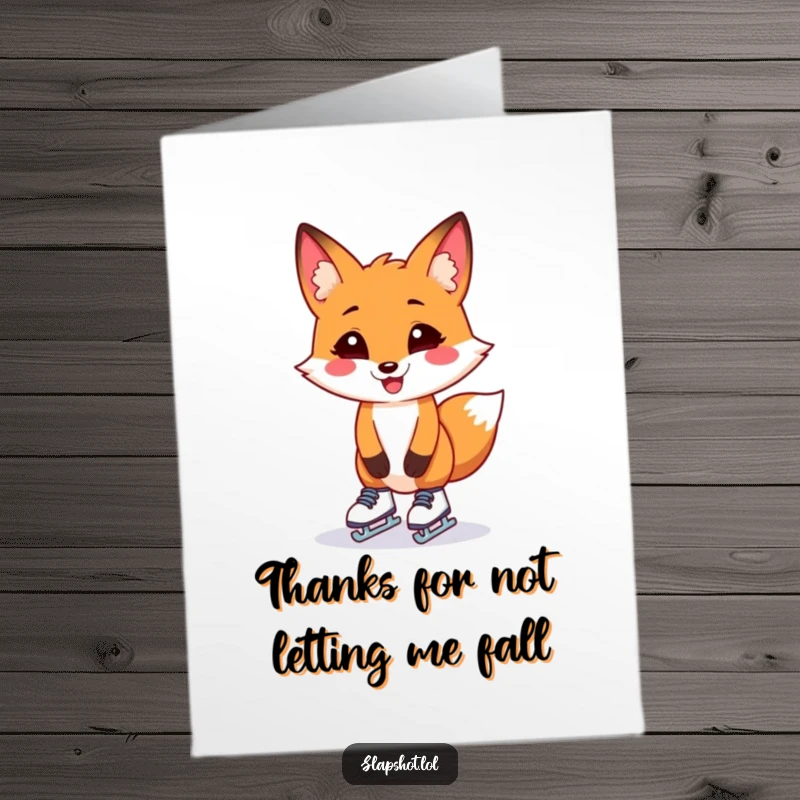 Funny Free Printable Thank You Card: A grinning fox on tiny skates, gracefully (or not) expressing thanks, a DIY downloadable gift.