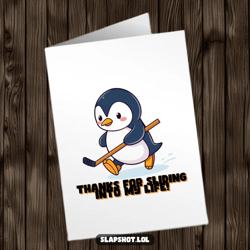 Funny Free Printable Thank You Card: A penguin slides across an ice rink holding a miniature hockey stick, conveying thanks in a downloadable format.