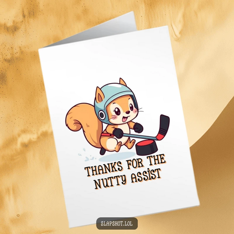 Funny Free Printable Thank You Card: A playful squirrel in a helmet chasing a puck, expressing thanks with sporty downloadable art.