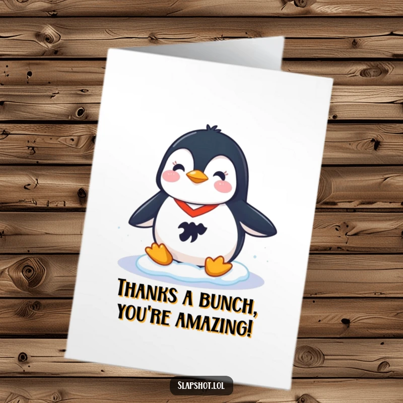Funny Free Printable Thank You Card featuring a cheerful penguin in a tiny hockey jersey sliding on ice to express thanks.