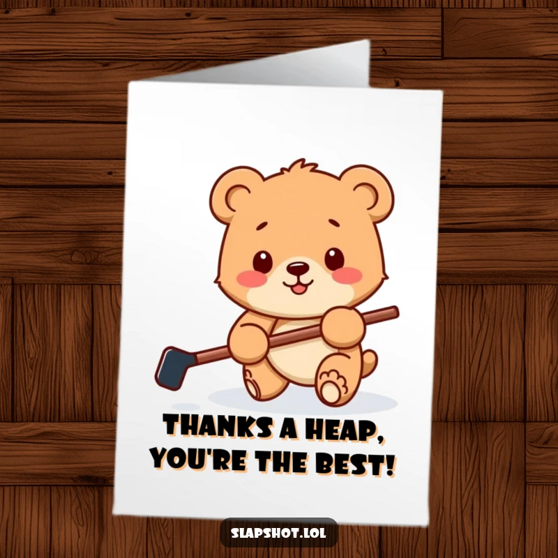 Funny Free Printable Thank You Card of a happy bear cub with a miniature hockey stick playfully batting a puck to say thanks.