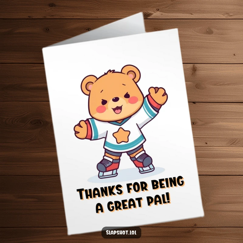 Funny Free Printable Thank You Card: A cute bear in a hockey jersey skates with joyful abandon, conveying thanks in a downloadable format.