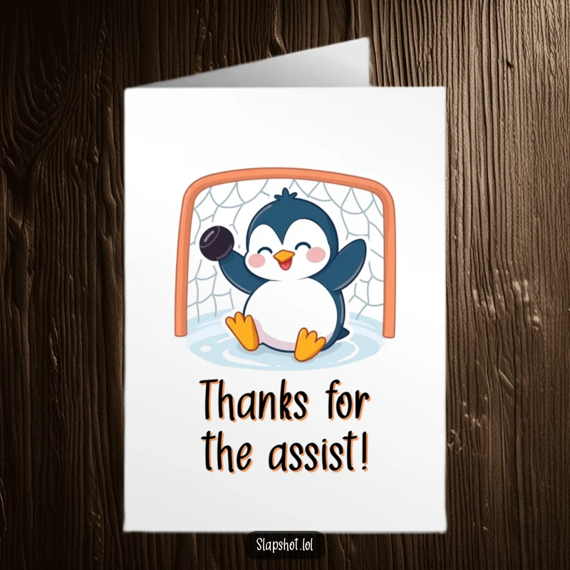 Funny Free Printable Thank You Card: A giggling penguin slides into a net, puck in tow, expressing funny gratitude.