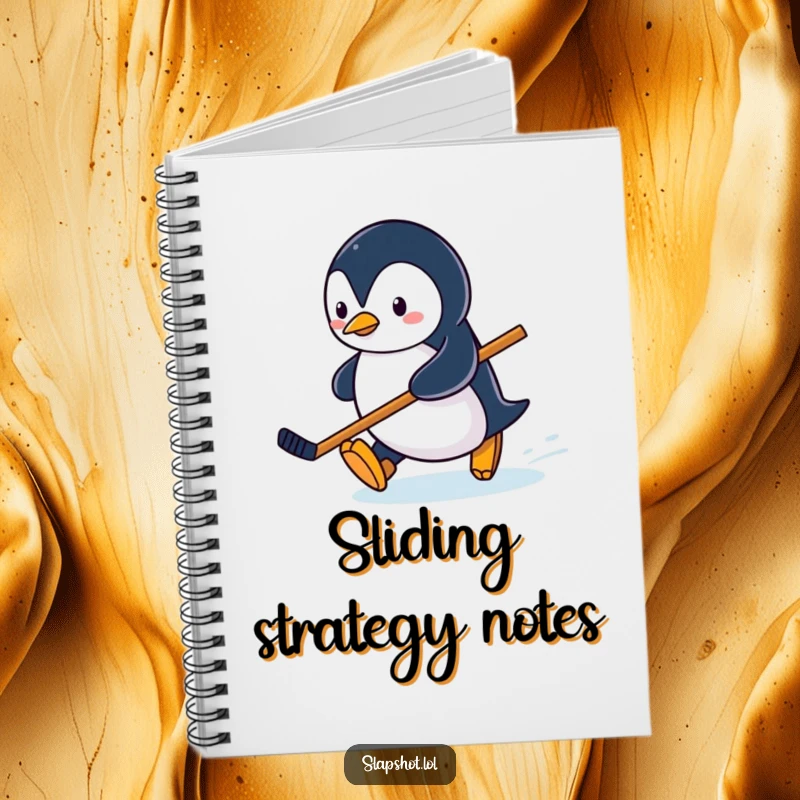 Funny penguin character sliding on ice with a hockey stick, a cute and inspiring winter-themed notebook.