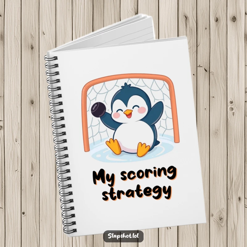 Funny penguin notebook with a giggling character scoring a goal on the cover, ideal for jotting down ideas humorously.