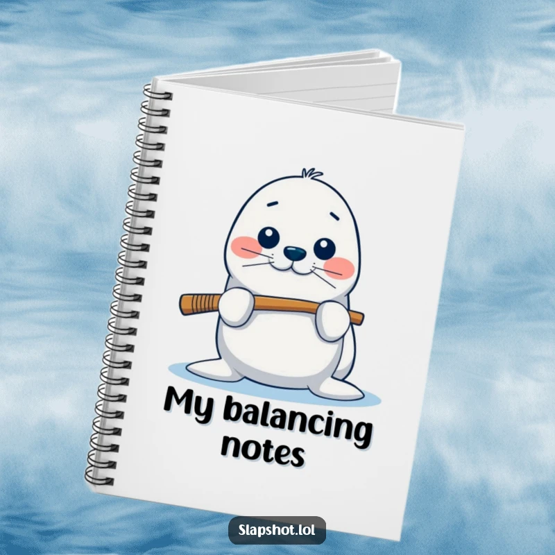 Funny seal notebook with a playful character balancing a hockey stick on the cover, ideal for jotting down ideas humorously.