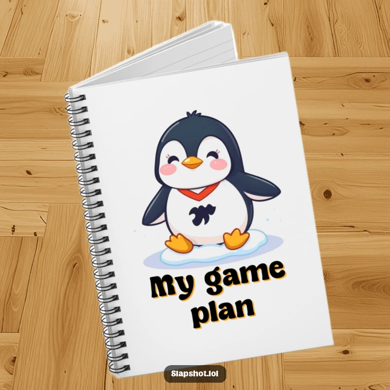 Funny notebook featuring a cheerful penguin in a hockey jersey sliding on ice, perfect for jotting down game plans and notes.