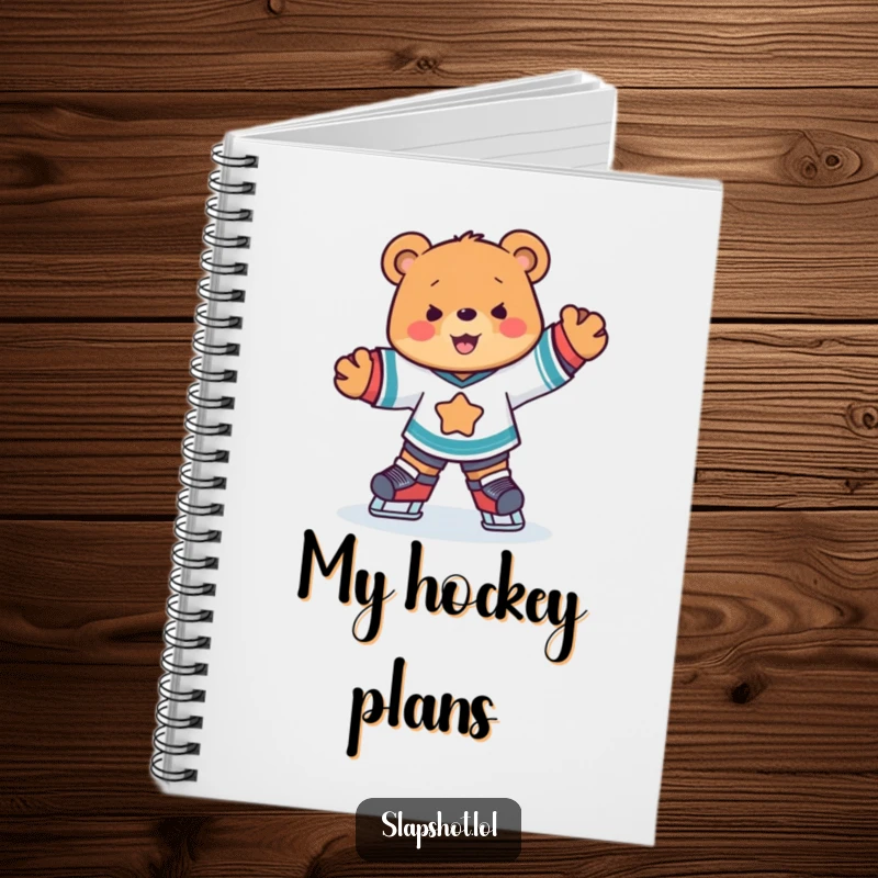 Funny cute bear in ice hockey jersey skating joyfully, a cute and inspiring sports-themed notebook.