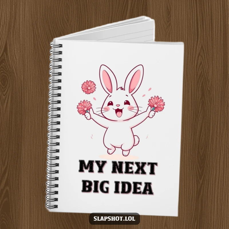 Funny rabbit character on a notebook cover, holding pom-poms and cheering, designed for joyful note-taking.