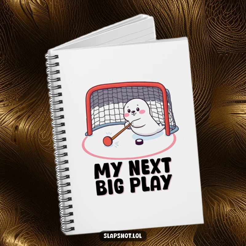 Funny seal character on a notebook cover, energetically shooting a hockey puck, designed for journaling and humor.