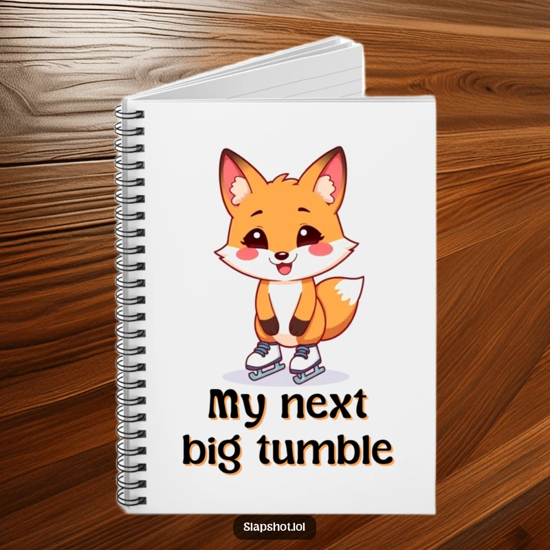Funny fox in tiny skates, awkwardly skating, on the cover of a notebook, ready to hold your funny thoughts.