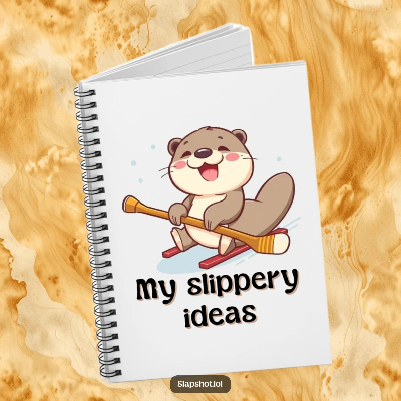 Funny joyful otter sliding on its belly with a hockey stick on the cover of a notebook.
