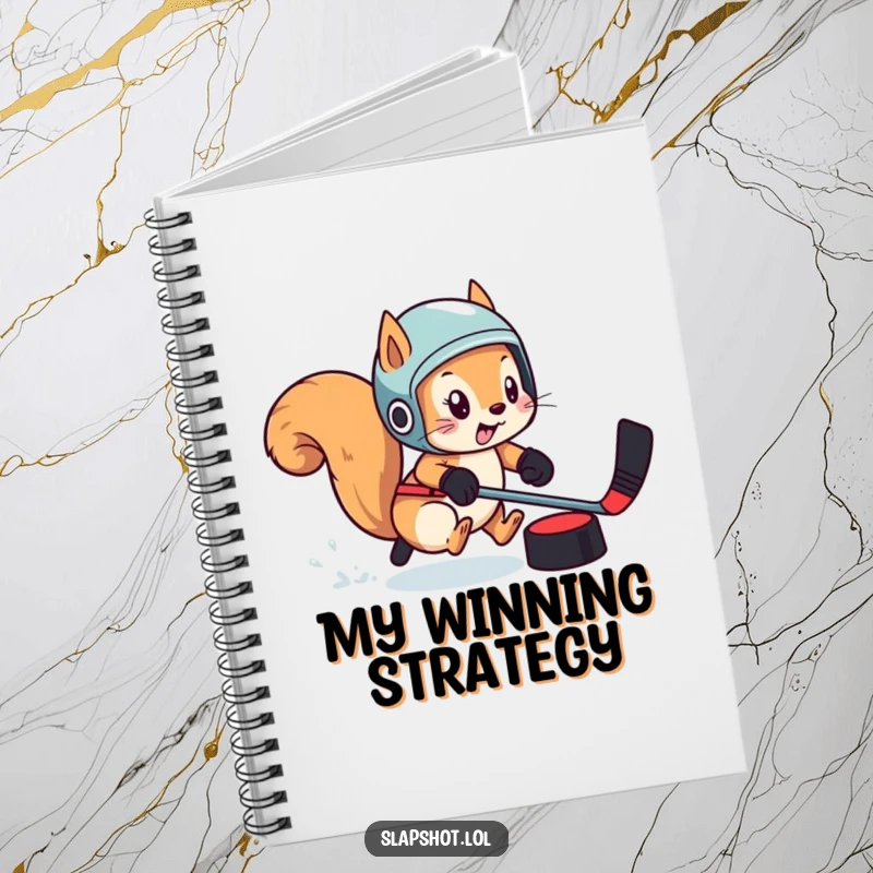 Funny squirrel wearing a helmet, chasing a puck, on the cover of a notebook, ready for your notes.