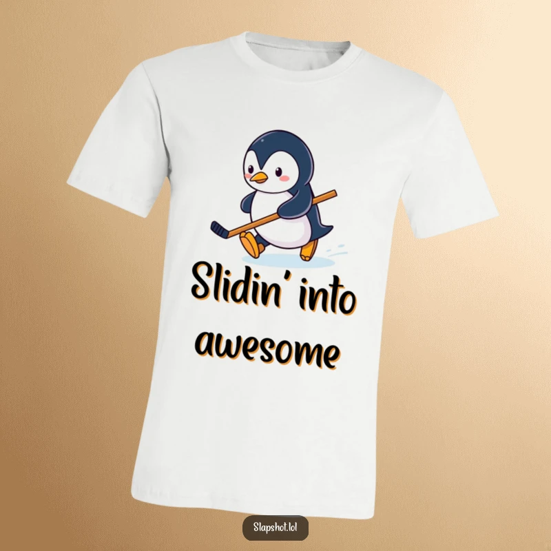 Funny penguin character sliding across an ice rink holding a miniature hockey stick, cute winter animal tee.