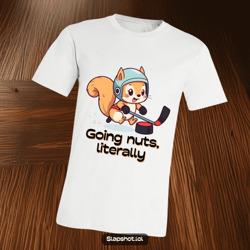 Funny squirrel in a hockey helmet, fiercely pursuing a puck on a t-shirt, embodying playful determination.