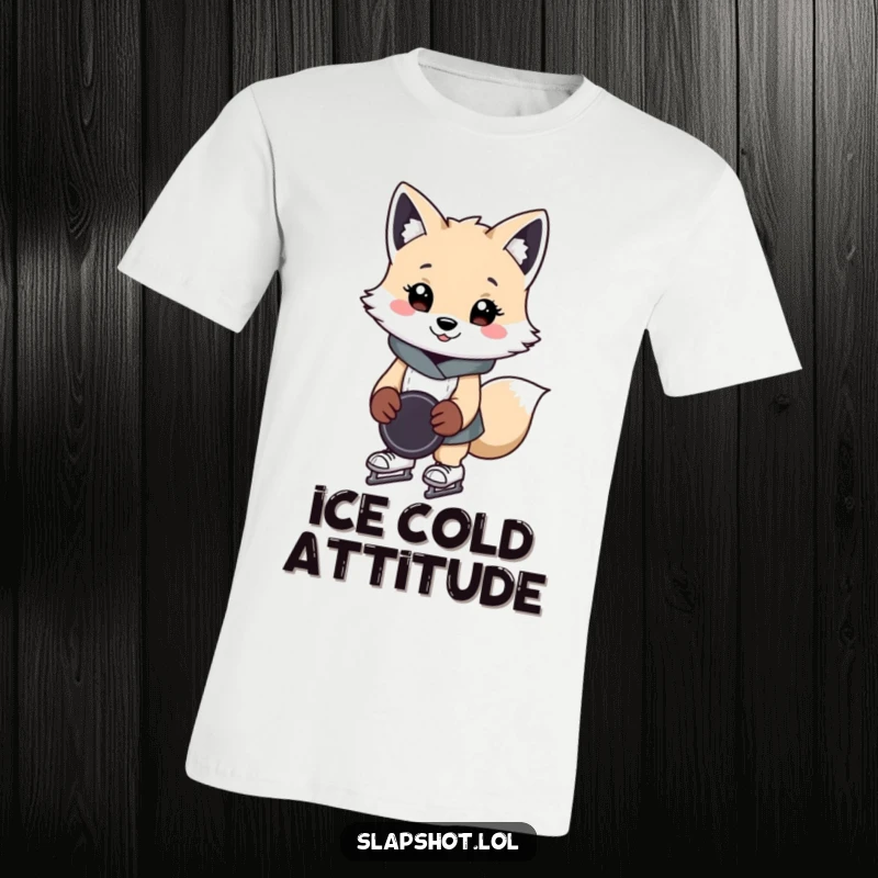 Funny arctic fox t-shirt with a cheerful character wearing skates and holding a hockey puck, perfect for sports lovers.