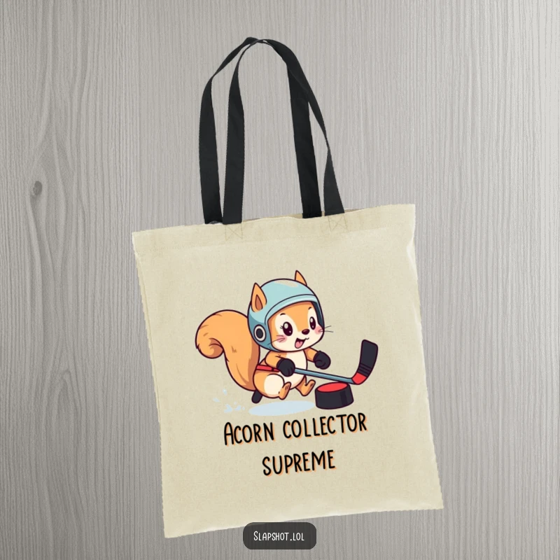 Playful squirrel with helmet chasing a puck on a tote bag, ready for any adventure.