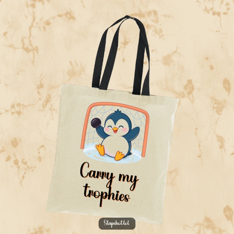 Funny penguin tote bag showing a giggling character scoring with a puck, ideal for carrying items with humor.