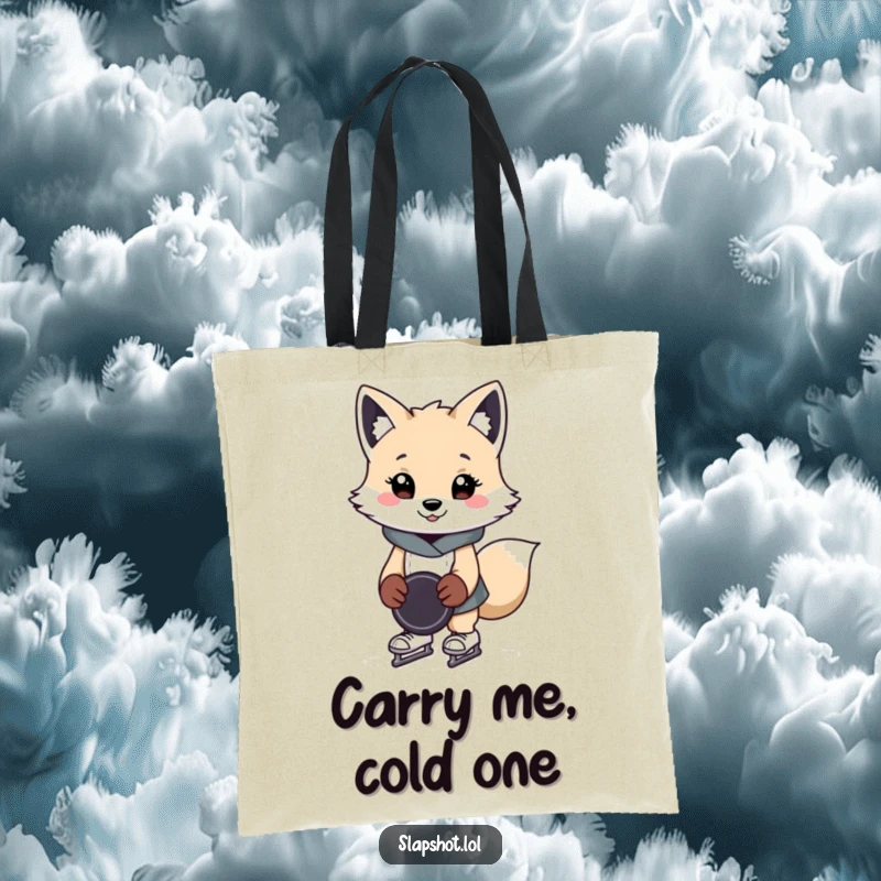 Funny arctic fox tote bag showing the cheerful creature on skates with a puck, ideal for carrying essentials with humor.