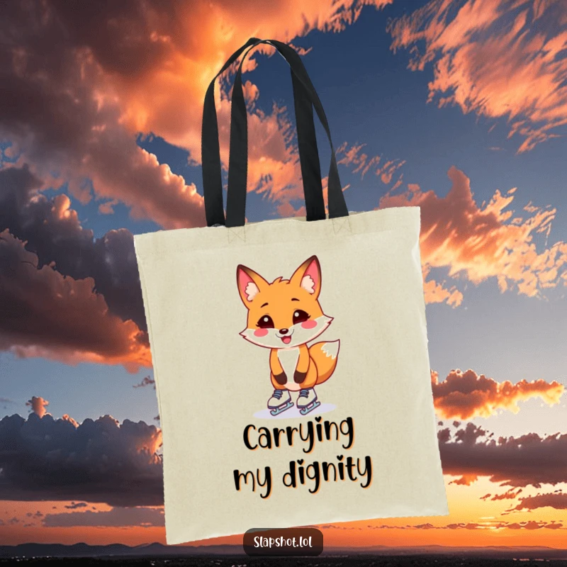 Funny fox on a tote bag, awkwardly skating with tiny skates, showcasing a wide grin and a wobble.